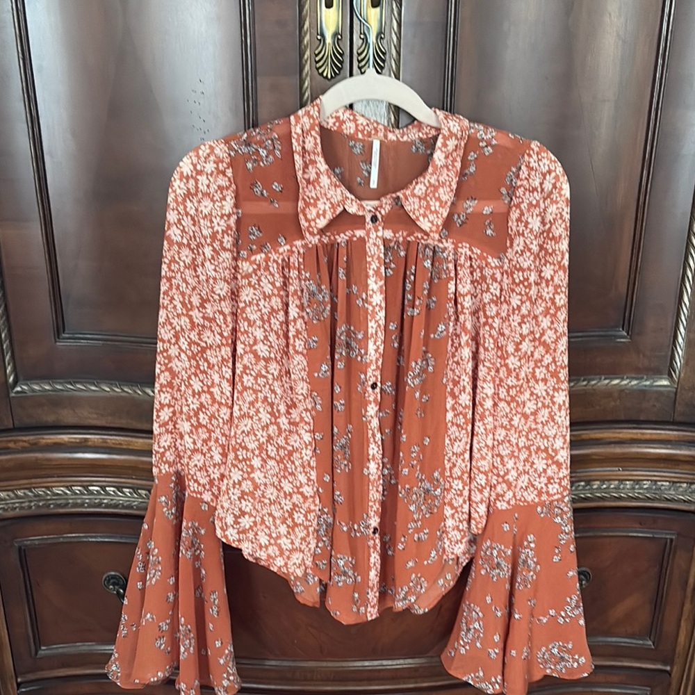 Free People Orange Red Blouse with Bell Sleeves and Peter Pan Collar